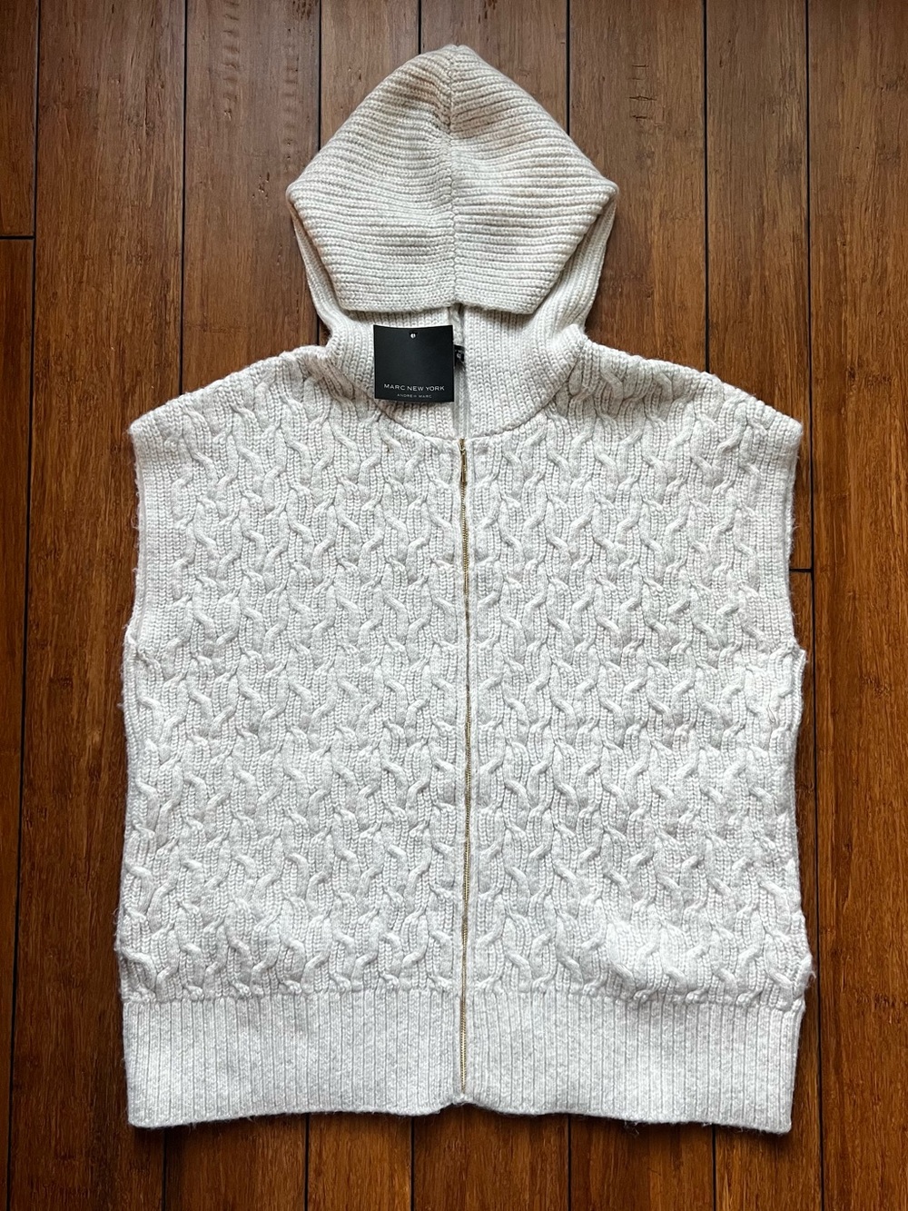 Marc New York Heather Oatmeal Hooded Cable Zip Sweater Vest Size L